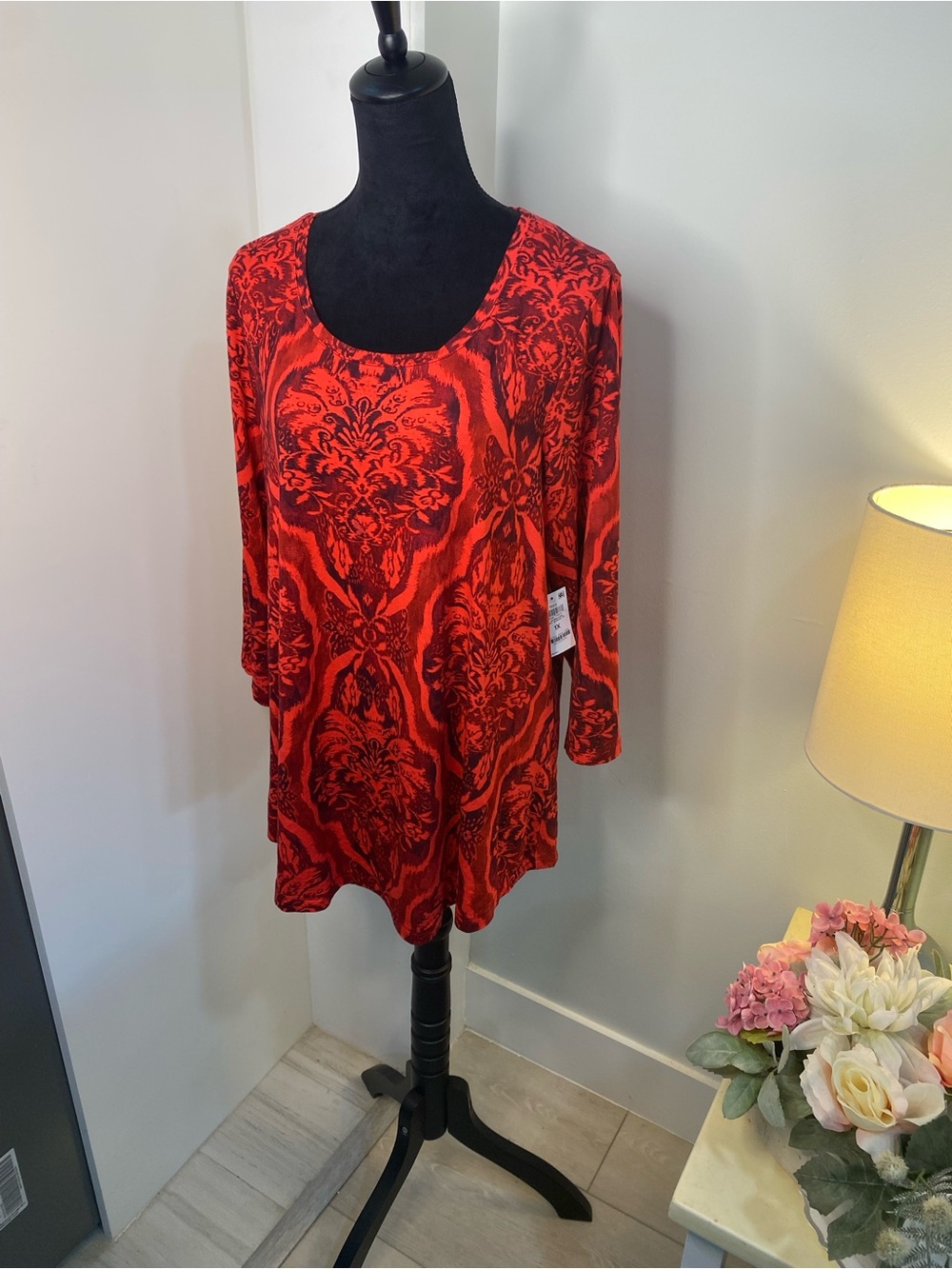 JM Collection Red and Black Long-Sleeve Scoop-Neck Tunic Dress
